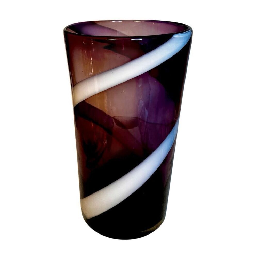 Vtg 1960’s Amethyst & White Swirl Cylindrical Wide Top Vase